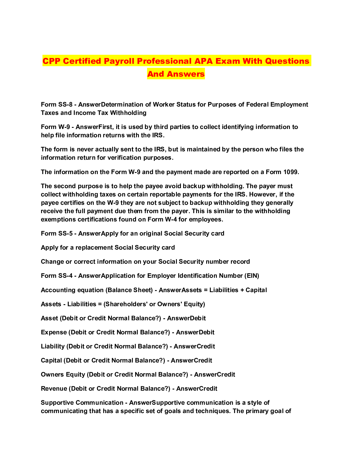 Preview of CPP Certified Payroll Professional APA Exam With Questions And Answers
